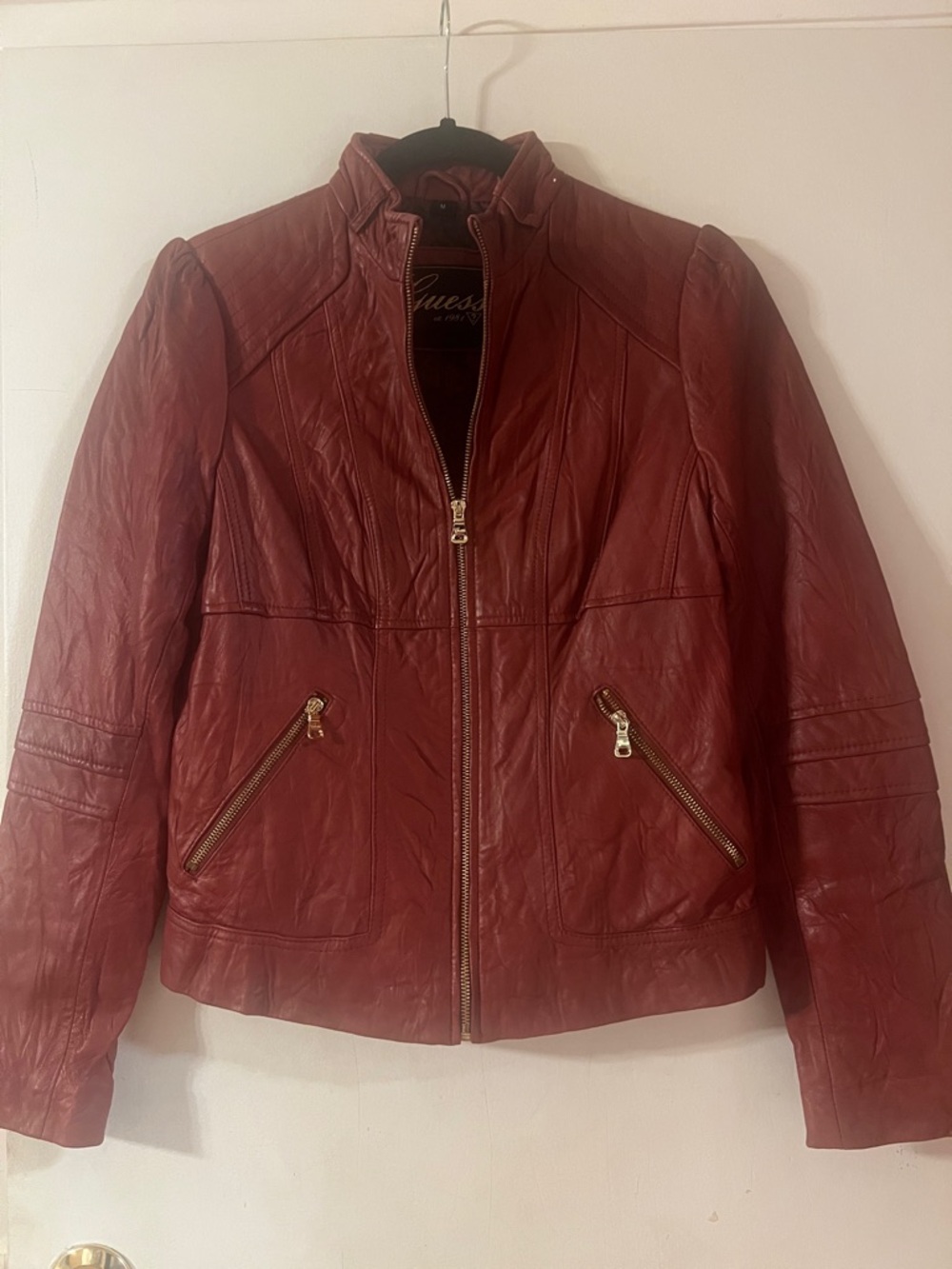 Guess Women's Burgundy Leather Zip-Up Jacket